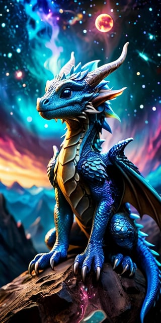 Celestial Guardians A baby dragon perches on a small asteroid, watching over a distant planet with an atmosphere filled with swirling auroras. Its scales are a deep, metallic blue, and its eyes reflect the planet's shimmering beauty.