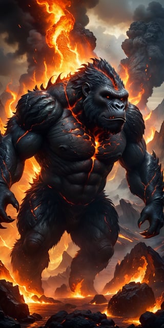 Infernal Behemoth A hulking creature with the body of a gorilla and the head of a dragon, with flames flickering from its nostrils and mouth. Its skin is charred and cracked, revealing molten lava beneath. Its massive hands end in claws that can crush rock. The scene is set in a volcanic landscape, with rivers of lava and erupting geysers.
