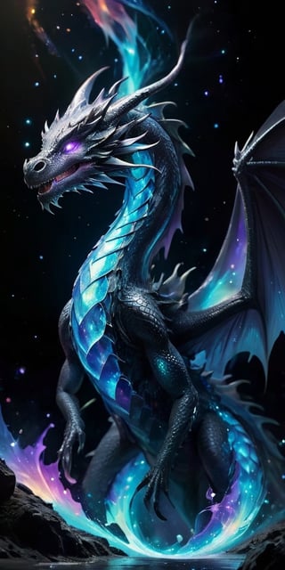 	10. A majestic dragon with scales that have the appearance of polished crystal, catching and refracting the light from nearby stars. Its wings are enormous and semi-transparent, filled with swirling patterns that resemble the aurora borealis. The dragon's eyes are deep pools of black, reflecting the infinite depths of space. It soars near the edge of an event horizon, with the intense gravitational pull distorting the light around it, creating a dramatic and surreal scene.
