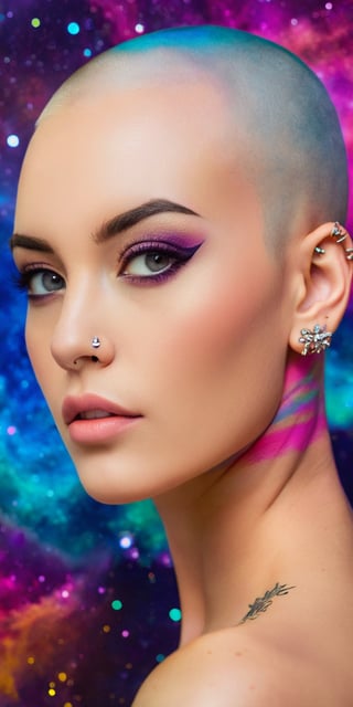 A close-up portrait of a woman with a shaved head and a confident gaze. She has a variety of piercings adorning her ears and eyebrow. The background is a swirling galaxy filled with vibrant colors.
 
