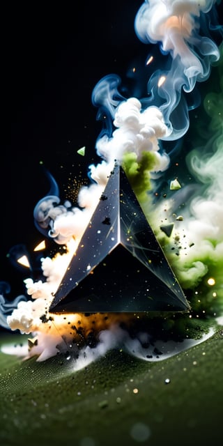 close up angle of (( on the smoke), (Olive Drab, black, white colour triangle dust),()detailed focus, deep bokeh, beautiful, , dark cosmic background. Visually delightful , 3D,ULTIMATE LOGO MAKER [XL],more detail XL