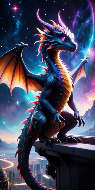 Baby Dragon on a Space Station Balcony A majestic baby dragon with shimmering scales stands on a balcony of a futuristic space station, gazing at the vast expanse of stars and colorful nebulae. Its wings are slightly spread, catching the glow of distant galaxies.