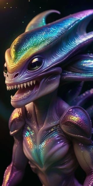 An alien infant with skin that is covered in tiny, iridescent scales that shimmer in the light. It has a mouth that stretches into a wide, toothy grin, revealing rows of tiny, sharp teeth. Its eyes are large and expressive, and they seem to twinkle with intelligence.
, 