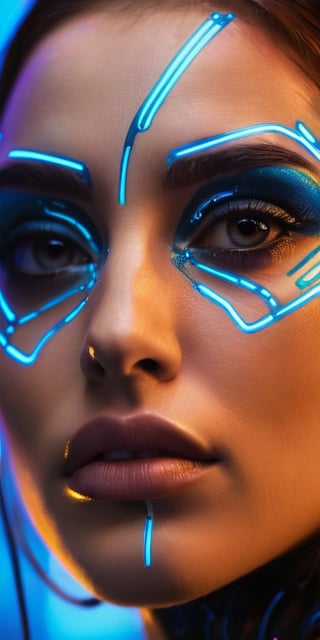 A close-up portrait of a woman with cybernetic enhancements, glowing blue lines tracing patterns across her cheekbone. Her expression is one of quiet strength. The background is a dark, metallic cityscape.
 
