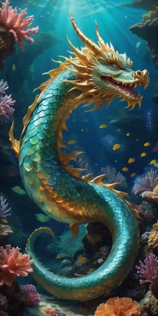 Envision a serpentine dragon, its scales shimmering like opals, gliding gracefully through an underwater coral reef. The crystal-clear water reflects its every movement, showcasing the elegance and wonder of this aquatic creature in its natural habitat.