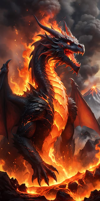 A fiery dragon with lava-red scales emerging from a volcano's mouth. The intense heat and molten rock accentuate its fierce beauty, while the smoke and ash create an aura of impending doom.
