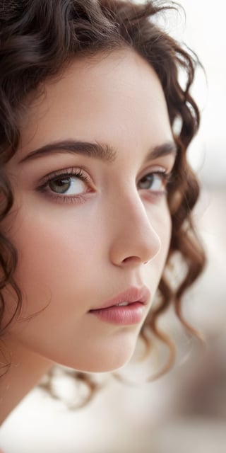 A black and white close-up portrait of a woman with soft, natural curls framing her face. Her expression is thoughtful and introspective. The background is blurred, creating a dreamy effect.
