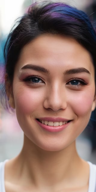 A close-up portrait of a woman with Asian features, her eyes crinkled at the corners from smiling. She has short, dark hair with streaks of pink and blue. The background is a bustling city street scene.
