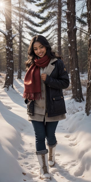 Frosted Wonderland A Black woman with a warm smile and a woolen scarf wrapped around her neck stands in a snow-covered forest. Sunlight glistens on the frost-laden trees, and a gentle snowfall creates a peaceful and serene atmosphere.
 
