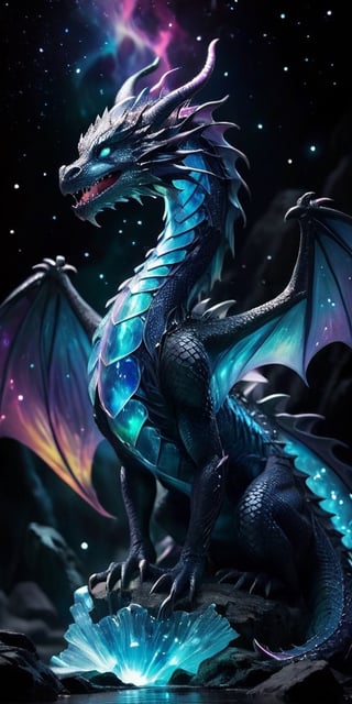 	10. A majestic dragon with scales that have the appearance of polished crystal, catching and refracting the light from nearby stars. Its wings are enormous and semi-transparent, filled with swirling patterns that resemble the aurora borealis. The dragon's eyes are deep pools of black, reflecting the infinite depths of space. It soars near the edge of an event horizon, with the intense gravitational pull distorting the light around it, creating a dramatic and surreal scene.
