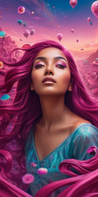 A South Asian girl with kaleidoscope eyes and flowing magenta hair, levitating amidst a dreamscape of floating clocks and melting landscapes.