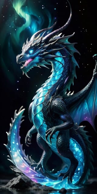 	10. A majestic dragon with scales that have the appearance of polished crystal, catching and refracting the light from nearby stars. Its wings are enormous and semi-transparent, filled with swirling patterns that resemble the aurora borealis. The dragon's eyes are deep pools of black, reflecting the infinite depths of space. It soars near the edge of an event horizon, with the intense gravitational pull distorting the light around it, creating a dramatic and surreal scene.
