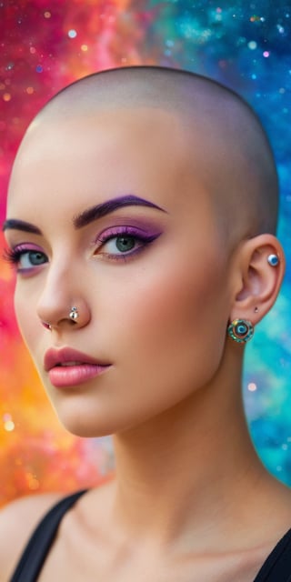 A close-up portrait of a woman with a shaved head and a confident gaze. She has a variety of piercings adorning her ears and eyebrow. The background is a swirling galaxy filled with vibrant colors.
 
