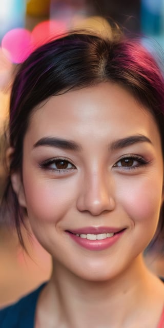 A close-up portrait of a woman with Asian features, her eyes crinkled at the corners from smiling. She has short, dark hair with streaks of pink and blue. The background is a bustling city street scene.
