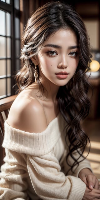 A close-up portrait of a beautiful woman with warm, caramel-toned skin and shoulder-length, curly hair. Her dark brown eyes are expressive and full of life, framed by thick lashes and natural brows. She has a small, cute nose and her lips are a soft nude shade, forming a subtle smile. She is wearing a simple, off-the-shoulder top, and the background is softly blurred with warm, earthy tones, creating a cozy, intimate feel.
