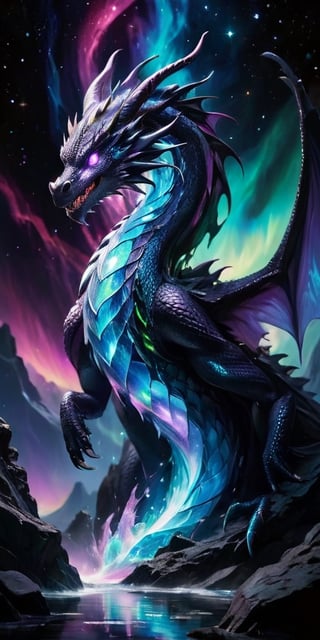 	10. A majestic dragon with scales that have the appearance of polished crystal, catching and refracting the light from nearby stars. Its wings are enormous and semi-transparent, filled with swirling patterns that resemble the aurora borealis. The dragon's eyes are deep pools of black, reflecting the infinite depths of space. It soars near the edge of an event horizon, with the intense gravitational pull distorting the light around it, creating a dramatic and surreal scene.
