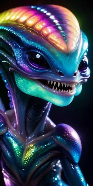 An alien infant with skin that is covered in tiny, iridescent scales that shimmer in the light. It has a mouth that stretches into a wide, toothy grin, revealing rows of tiny, sharp teeth. Its eyes are large and expressive, and they seem to twinkle with intelligence.
, 