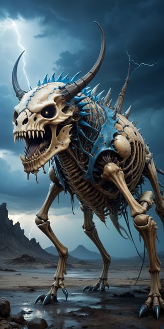 Bone Reaver A skeletal monstrosity with the body of a crustacean and the head of a saber-toothed cat. Its exoskeleton is covered in spiked protrusions, and its mandibles drip with a corrosive acid. Its eyes glow a haunting blue. The backdrop is a desolate wasteland under a sky filled with storm clouds and lightning.
