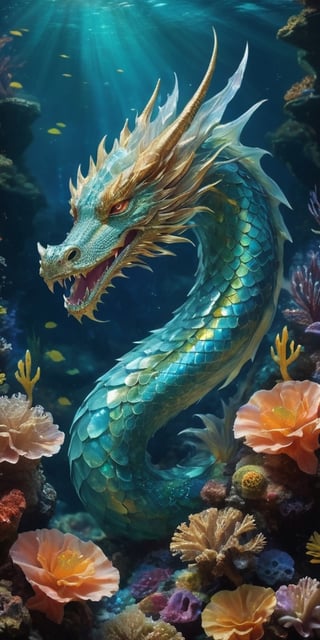 Envision a serpentine dragon, its scales shimmering like opals, gliding gracefully through an underwater coral reef. The crystal-clear water reflects its every movement, showcasing the elegance and wonder of this aquatic creature in its natural habitat.