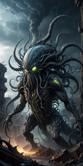 Vortex Spawn A creature with a swirling, tornado-like lower body and a torso covered in sharp, crystalline spikes. Its head is a writhing mass of tentacles, each tipped with a glowing eye. Its skin is a dark, stormy gray. The background features a devastated alien city, with ruins and debris scattered everywhere.
