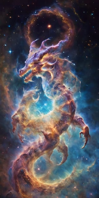 A celestial dragon, its body a tapestry of cosmic colors, adorned with glowing constellations that seem to dance across its scales. It coils around a glowing comet, its serpentine form framed by the vastness of space, with distant galaxies and nebulae painting a breathtaking backdrop.
