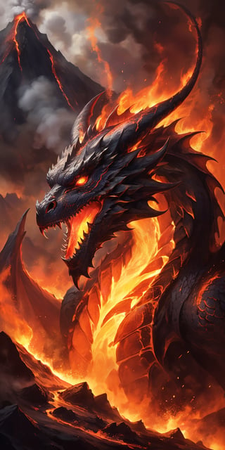 A fiery dragon with lava-red scales emerging from a volcano's mouth. The intense heat and molten rock accentuate its fierce beauty, while the smoke and ash create an aura of impending doom.
