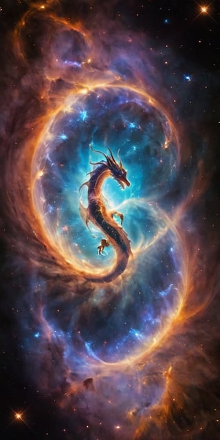 A cosmic dragon, its body a swirling vortex of stars and galaxies, with nebulae glowing softly within its translucent wings. It roars silently into the void, a beacon of majestic power and otherworldly beauty in the infinite expanse of space.
