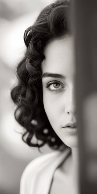 A black and white close-up portrait of a woman with soft, natural curls framing her face. Her expression is thoughtful and introspective. The background is blurred, creating a dreamy effect.
