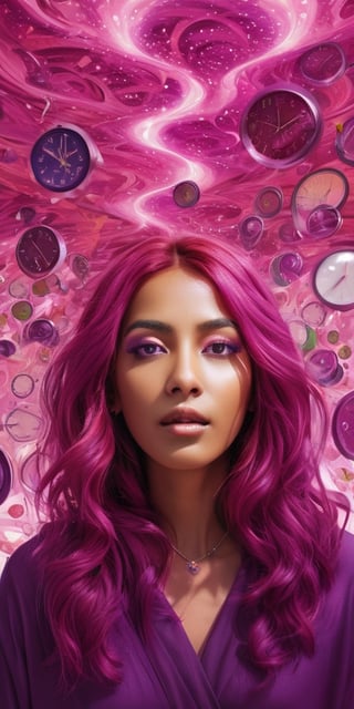 A South Asian girl with kaleidoscope eyes and flowing magenta hair, levitating amidst a dreamscape of floating clocks and melting landscapes.