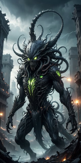 Vortex Spawn A creature with a swirling, tornado-like lower body and a torso covered in sharp, crystalline spikes. Its head is a writhing mass of tentacles, each tipped with a glowing eye. Its skin is a dark, stormy gray. The background features a devastated alien city, with ruins and debris scattered everywhere.
