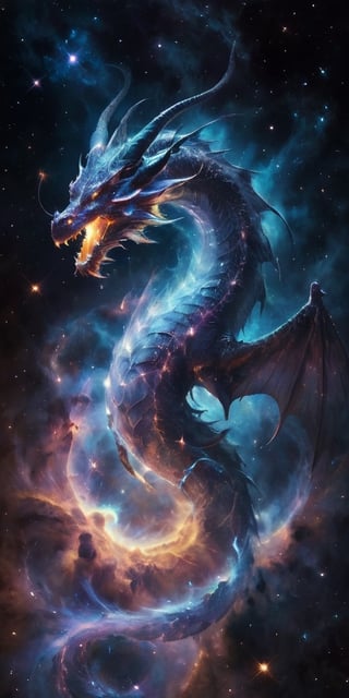 A cosmic dragon, its body a swirling vortex of stars and galaxies, with nebulae glowing softly within its translucent wings. It roars silently into the void, a beacon of majestic power and otherworldly beauty in the infinite expanse of space.
