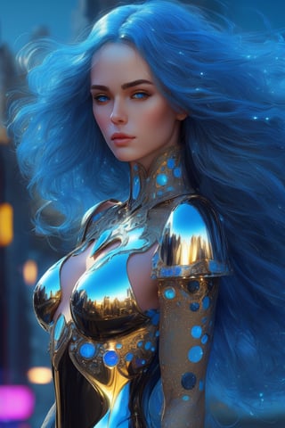 Imagine a metalic woman made of chrome, awesome fantasy, fantastical, flawless, 8k, airbrused, gustav klimt style, yulia brodskaya style, circle elements, neon glow elements, flowy sapphire-blue hair , futuristic utopia architecture 