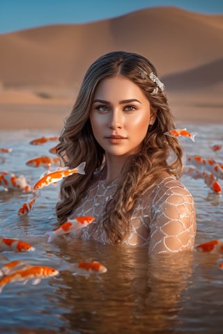 Portraut photography of a beautiful translucent glass woman with long braided brown hair in an action pose, prismatic glow, flawless features, 80 mm digital photography, UHD, intricate opalescent elements , koi fish, desert landscape 