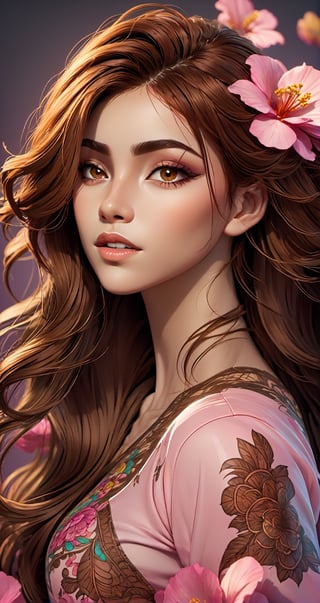  Imagine a beautiful woman style with coloful henna tattoos coveringher body, long brown hair blowing with the wind, hyperdetailed face, reflective brown eyes, studio lighting,  pink petals flying with the wind, sense of beauty, 8k UHD, alberto seveso style, colorful rendition 