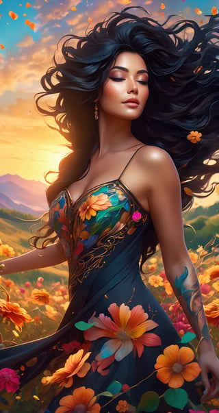 beautiful woman with long flowy black hair blowing with the wind, colorful floral tattoos covering her body, walking through a field with flowering vines, work of beauty and complexity with intricate elements that differentiate this imagine from other, 8k UHD, justin maller style, colorful rendition, curvy_hips, EpicSky, sunset sky,  amber glow, hazel eyes