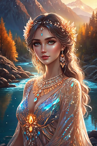 Imagine a beautiful woman standing by a river wearing an intricate flowy dress, sparkling crystal cluster jewelry, neon glow elements, 
 hyperdetailed face, hyperdetailed eyes, 8k resolution, yulia brodskaya style, amber glow,  mountains scene background ,TreeAIv2, close-up 