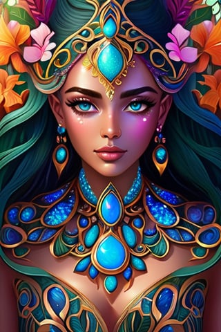 Imagine realistic and colorful girl wearing intricate glowing opal jewelry,  flowering vines, fantasy vibes, 8k, hyperdetailed face, hyperdetailed eyes, focus on eyes, rebecca guy style, karem beyit style 