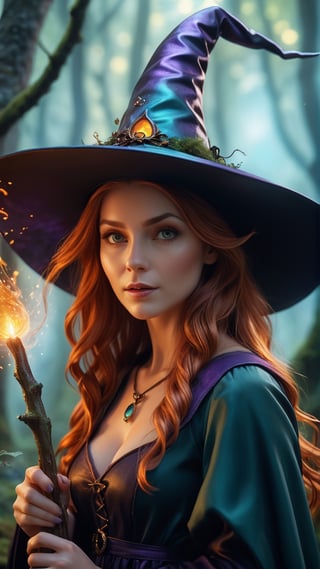 Epicrealism, professional cinematic results, colorful ultra detailed picture of a beautiful witch wearing a witch's pointy hat in an enchanted forest landscape, zoom digiral photography with sharp focus on face, bokeh, work of beauty and complexity invoking a sense of magic and fantasy, 8kUHD, colorful hair resemblingsteaminwater, amber glow ,ColorART,fire element