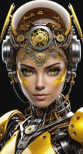  retro vibe, professional portrait photo of a brown-eyed cyborg woman with its body made of ultra transluscent fractal yellow glass and mixed metal with internal clockwork elements visible, ultradetailed eyes, sharp focus on eyes, work of beauty and complexity, brown eyes, Photorealism, sci-fi, interior glow, 35mm digital photography, black background, ultra detailed face, 
 