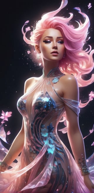 Beautiful woman wearing a transparent glass dress with glowing fractal elements, flowy flowery back and pastel pink hair, work of beauty complexity and wonder, fantasy vibes, ultra detailed face and eyes, UHD, amber glow, alberto seveso style ,Leonardo Style,  colorful rendition, dynamic pose ,arcane,EpicSky,A girl dancing 