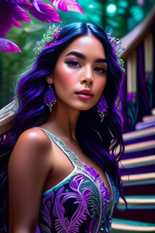 Imagine an intricate cinematic of a beautiful woman wearing an intricate dress climbing up the stairs in an enchanted forest with foliage and flowers on the foreground and a magestic tree in the background, hyperdetailed face, hyperdetailed eyes, flowy white and amethyst hair, fantasy vibes, circle swirl elements, whimsical elements, UHD, 8k, flawless, colorful rendition, neon glow elements ,arcane