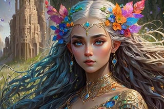 Imagine a beautiful elven princess wearing an intricate outfit walking through an enchanted field, ancient ruins in the background, flowery vines, hyperdetailed face, hyperdetailed eyes, flowy hair, 8k resolution, airbrushed, flawless design, neon glow elements, epic fantasy, circle swirl elements, in the style of gustav klimt and yulia brodskaya, colorful rendition, cinematic, intricately braided hair, close-up portrait 