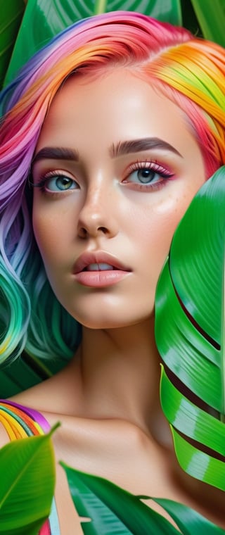 Cinematic results,  intricate ultra detailed portrait picture of a woman with rainbow pastel hair,  work of beauty and complexity, 8kUHD, banana leaves background ,ColorART