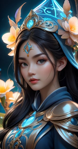 Imagine a beautiful mysterious enchantress wearing an intricate hood-cape while walking through an enchanted forest with bioluminescent elements such as glowing mushrooms and neon looking plants, a large blossoming tree adds a extra touch of beauty, detailed and elaborate work of art eliciting a sense of magic and beauty, detailed face, 8k UHD ,yu fuhua,perfecteyes ,FFIXBG,arcane style,AdaWongRE,perfecteyes