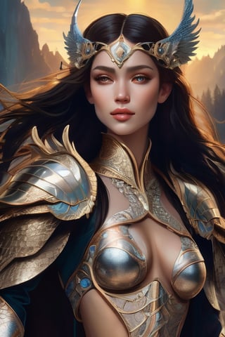 Imagine A a Cinematic image of a beautiful woman with dragon wings wearing an intricate armor,  best quality, extremely detailed intricate image, area lighting in background, HD, 8k, (cowboy shot), airbrushed, ice dragon, Glowing body tattoos, high fantasy vibes, hyperdetailed face, long flowy hair, 8k, flawless, mountains scene background, circle swirl elements, gustav klimt style, rebecca guay style 