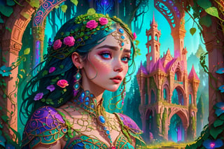 Imagine a beautiful woman wearing a intricate dress while walking in an enchanted forest,  ruins architecture background, flowery vines foreground, epic fantasy, neon glow elements, hyperdetailed face, awesome vibes, UHD, 8k, yulia brodskaya style, gustav klimt style 