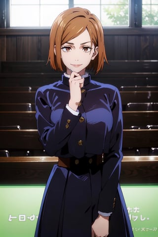 ((best quality)), ((highly detailed)), masterpiece, ((official art)), detailed face, beautiful face, (detailed eyes, deep eyes), (cowboy shot), nobara kugisaki, brown eyes, jujutsu kaisen, school uniform, blue jacket, blue skirt, brown belt, pantyhose, evil smile, scenery, indoors, window, intricately detailed, hyperdetailed, blurry background, depth of field, best quality, masterpiece, intricate details, tonemapping, sharp focus, hyper detailed, trending on Artstation, 1 girl, high res, official art, ,nobara kugisaki