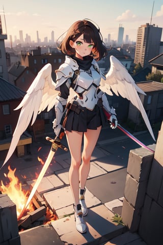 1 girl, angel, white armor, golden details, beautiful, skinny, teen loli, 16 years, sexy, looking_at_viewer, brunette, green_eyes, hand on face, full_body, standing_up, cute, large_wings, upper view, destroyed city_background, holding a fire sword, menace looking, 8k wallpaper, masterpiece, great definition, detailed face