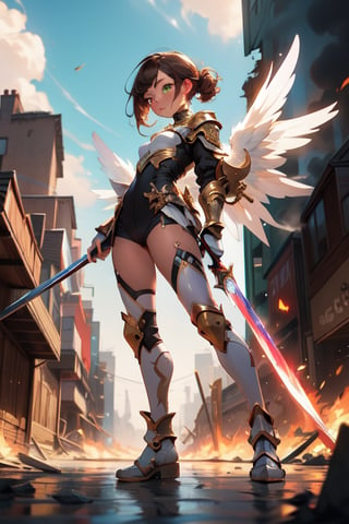 1 girl, angel, white armor, golden details, beautiful, skinny, teen loli, 16 years, sexy, looking_at_viewer, brunette, green_eyes, hand on face, full_body, standing_up, cute, large_wings, upper view, destroyed city_background, holding a fire sword, menace looking, 8k wallpaper, masterpiece, great definition