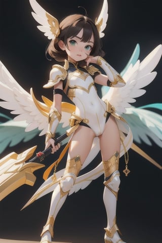 1 girl, angel, white armor, golden details, beautiful, skinny, teen loli, 16 years, sexy, looking_at_viewer, brunette, green_eyes, hand on face, full_body, standing_up, cute